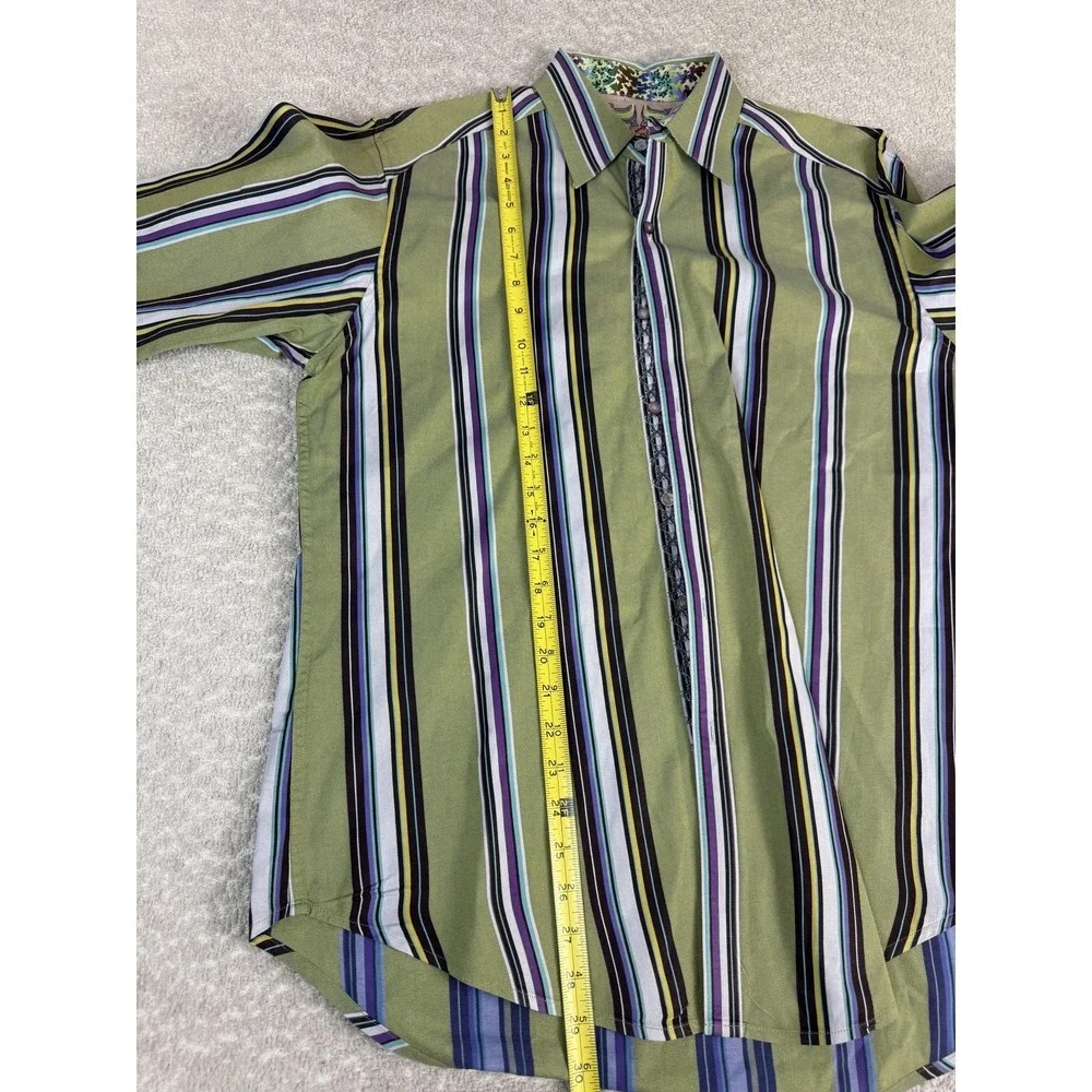 Robert Graham Shirt Mens Medium Green Stripe Long Sleeve Button Front Casual‎